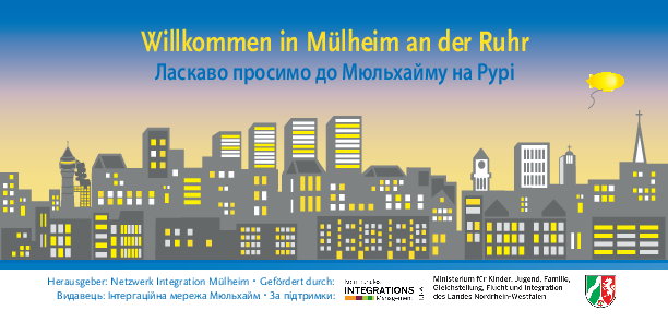 Vorderseite der "Willkommen in Mülheim an der Ruhr" Postkarte mit ukrainischer Übersetzung